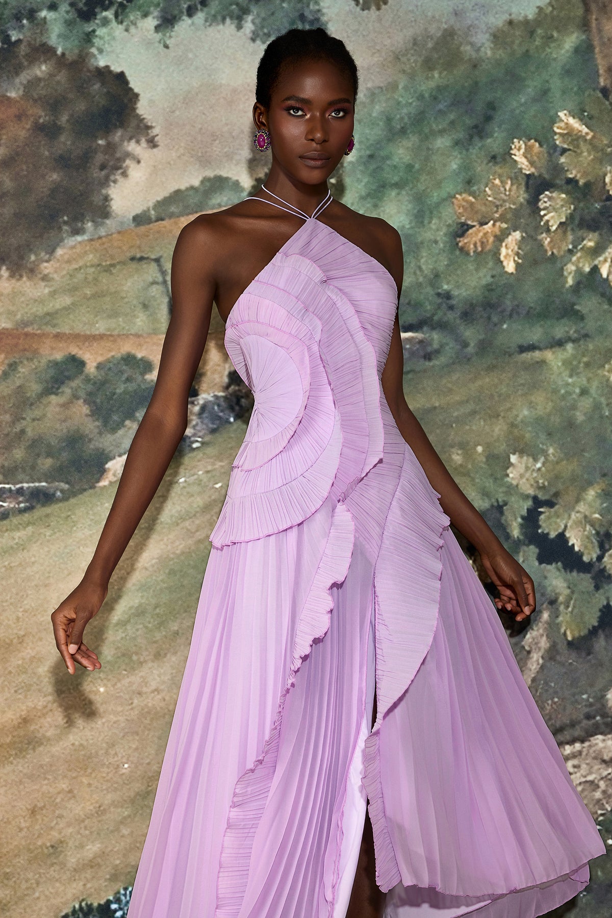 Pleated Frill Halter Neck Midi Dress
