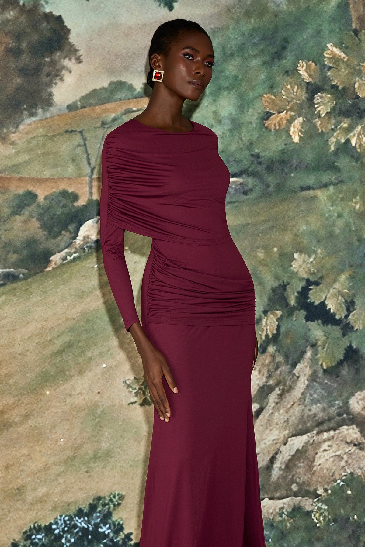 Solid Gathering Long Sleeve Maxi Dress