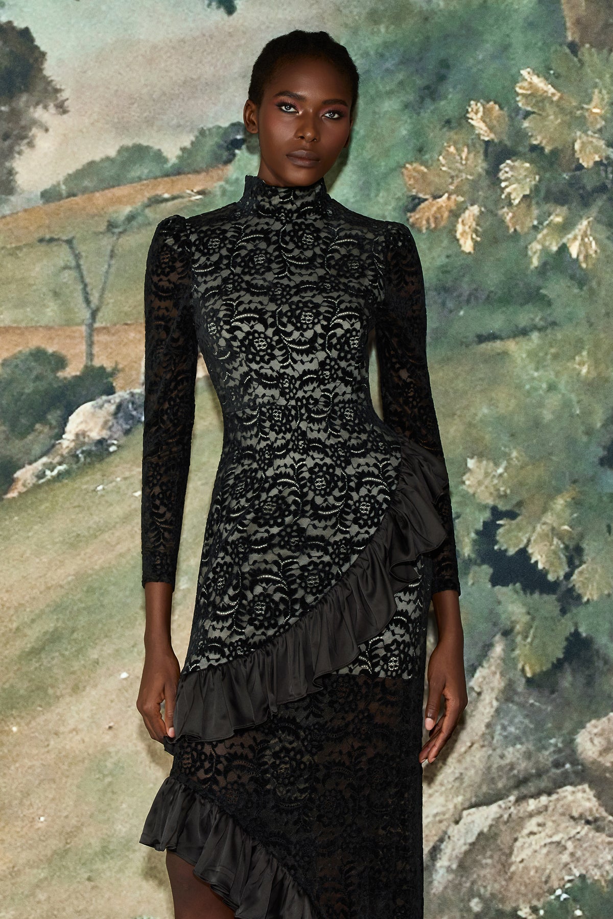 Flock Lace Ruffle Long Sleeve Midi Dress