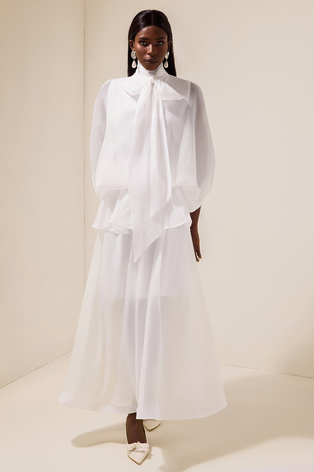 Tie-Neck Ruffled Solid Maxi Dress