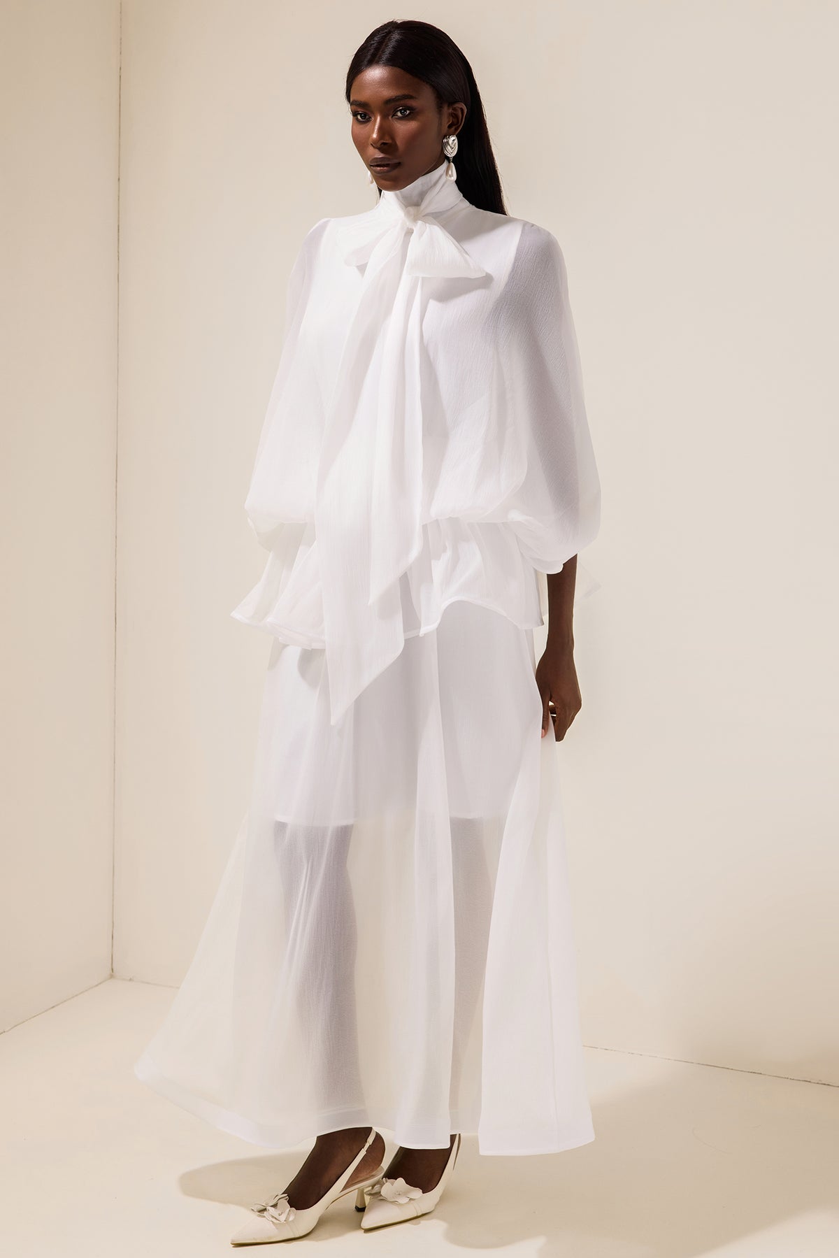 Tie-Neck Ruffled Solid Maxi Dress