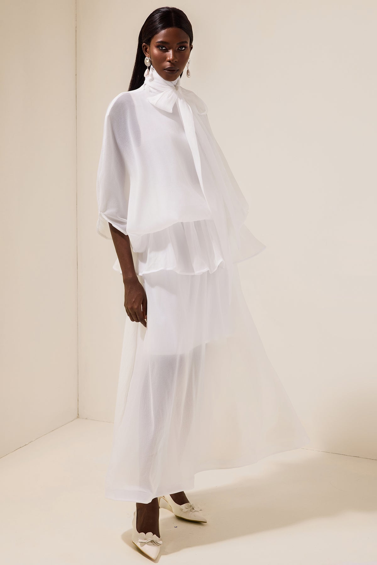 Tie-Neck Ruffled Solid Maxi Dress