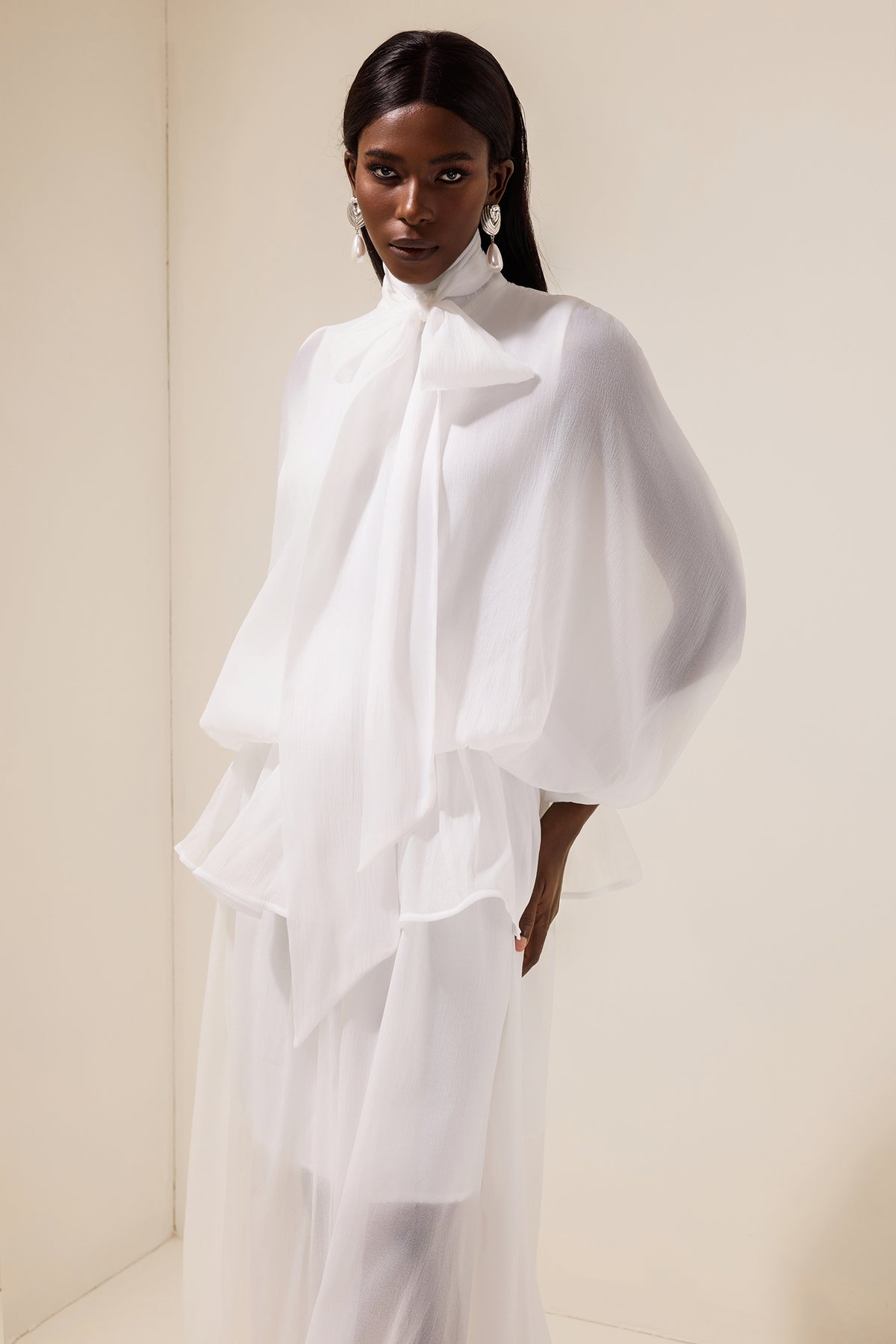 Tie-Neck Ruffled Solid Maxi Dress