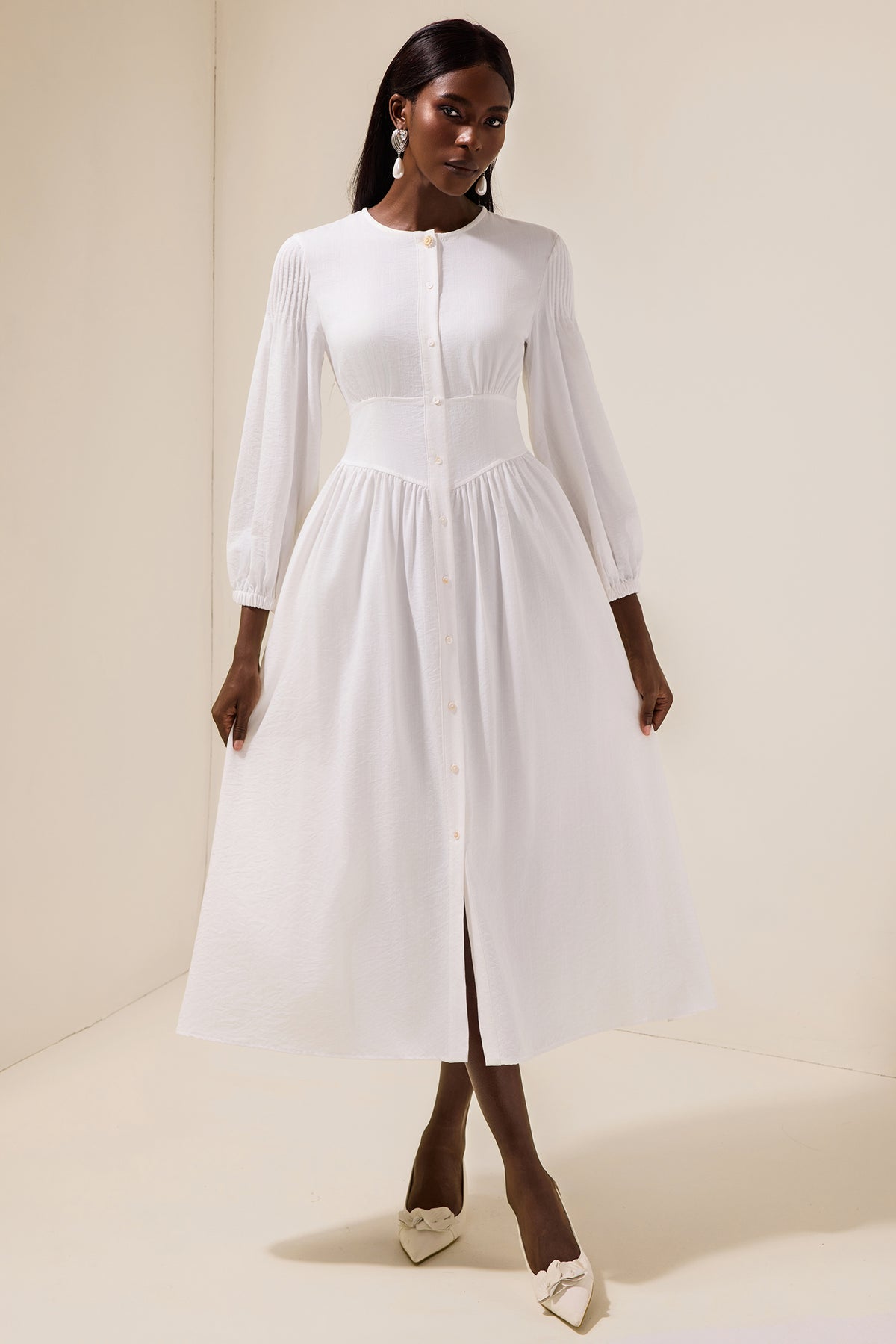 Solid Bottom Lantern Sleeve Midi Dress