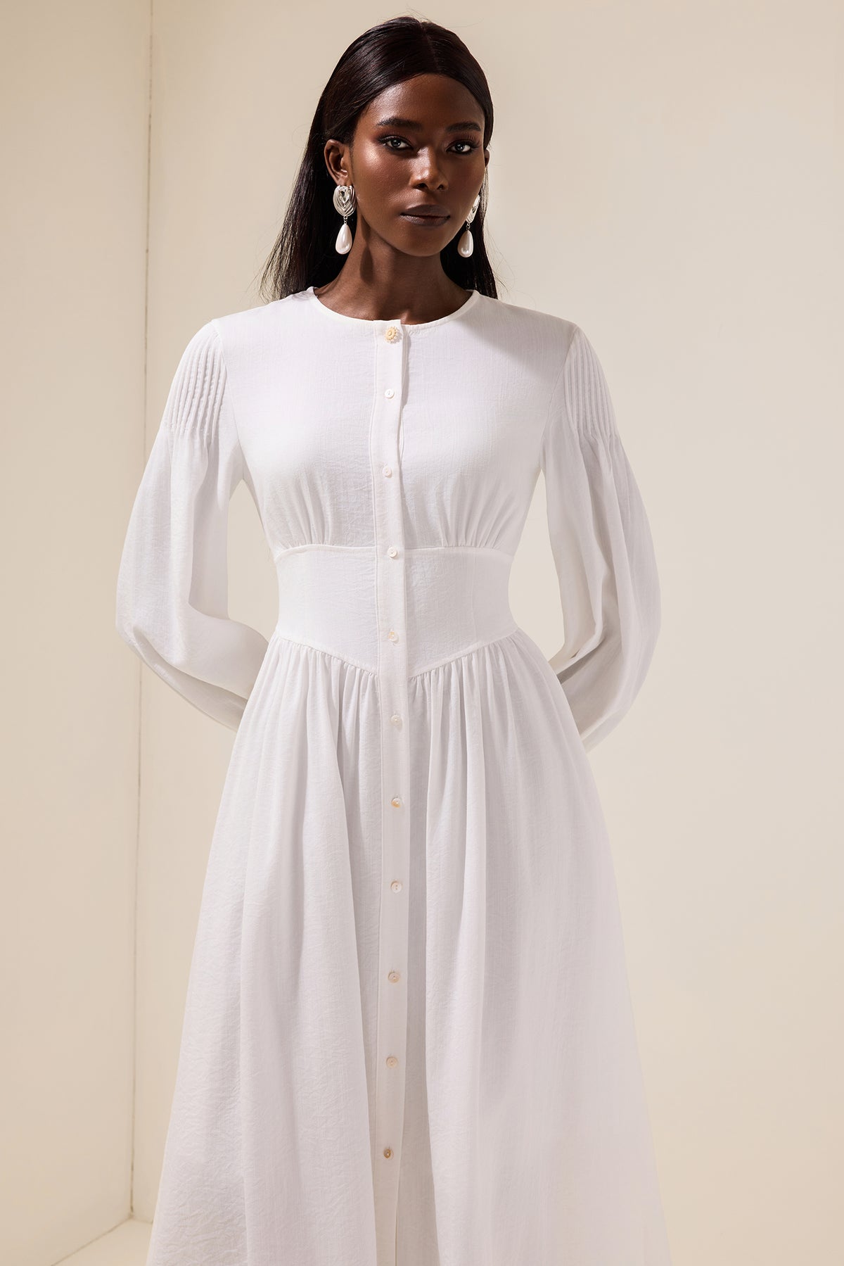 Solid Bottom Lantern Sleeve Midi Dress