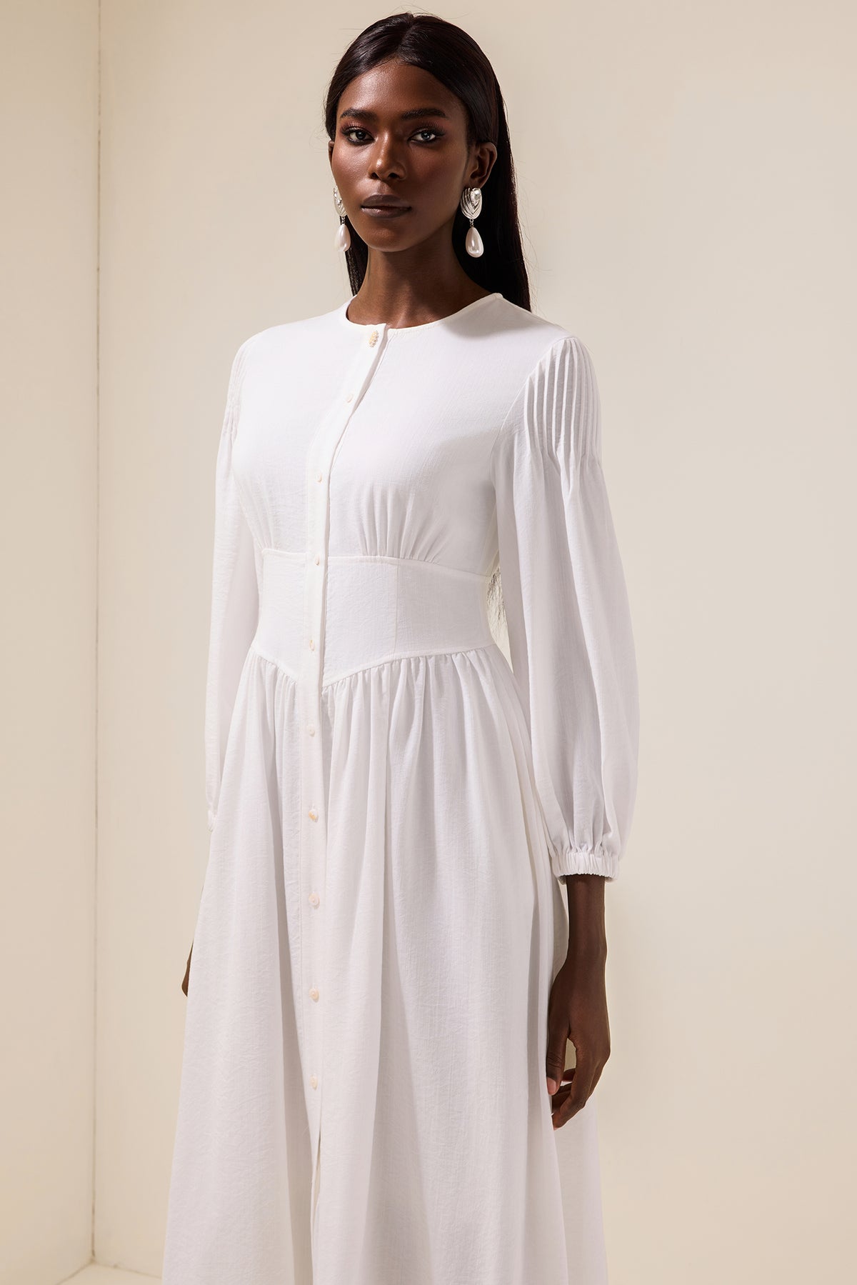 Solid Bottom Lantern Sleeve Midi Dress