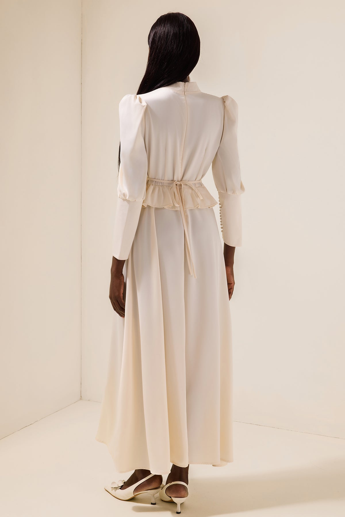 Satin Faux Pearl Button Frill Maxi Dress