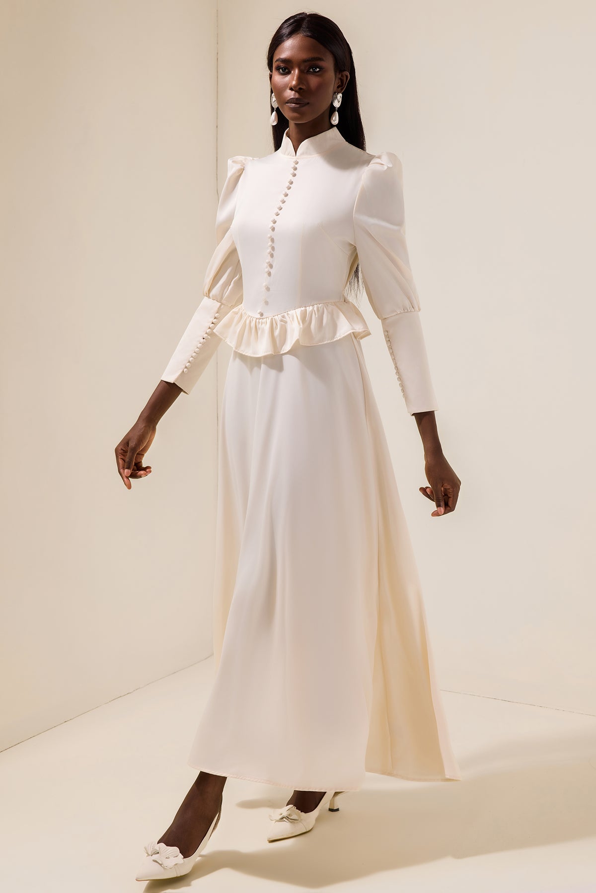 Satin Faux Pearl Button Frill Maxi Dress