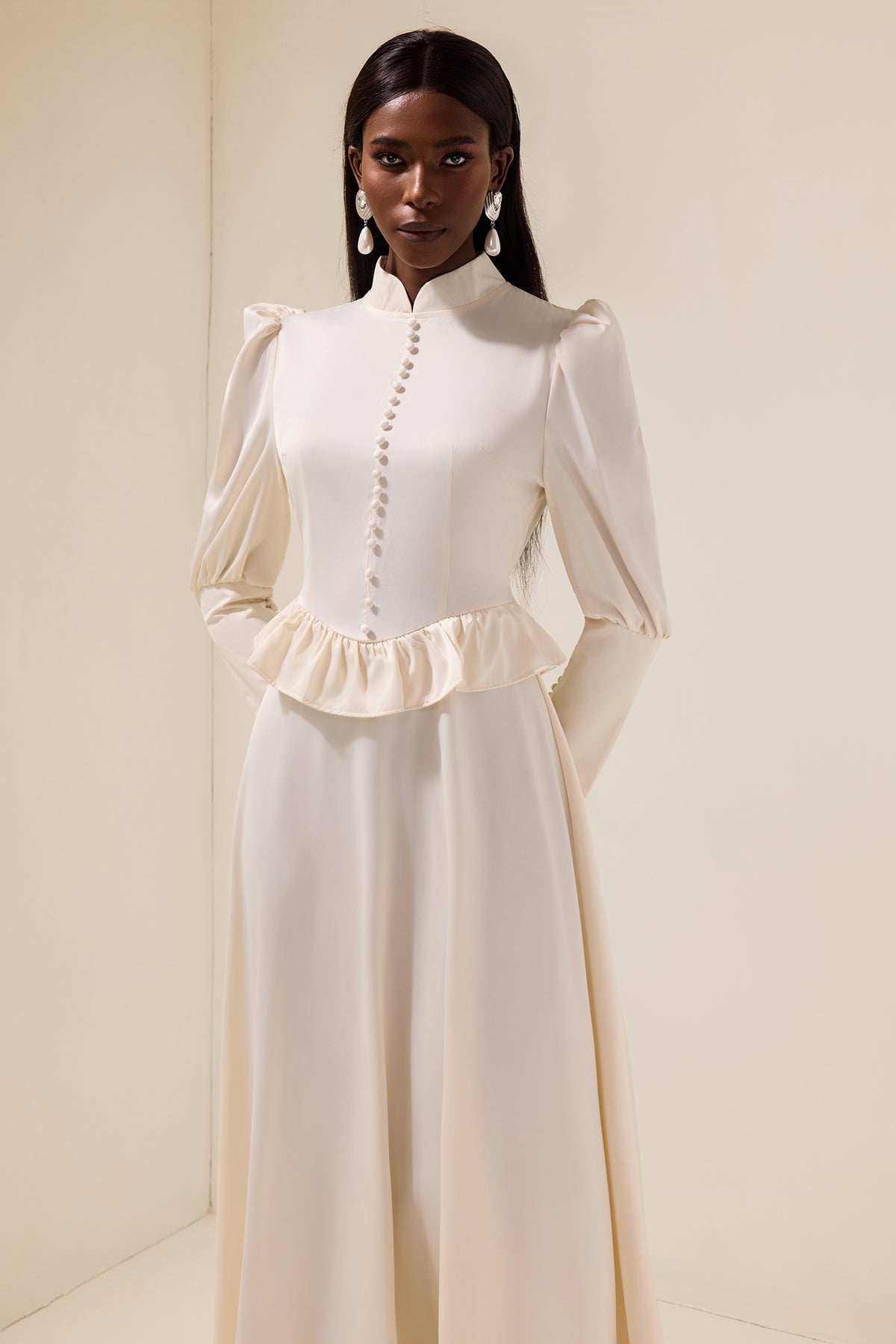 Satin Faux Pearl Button Frill Maxi Dress