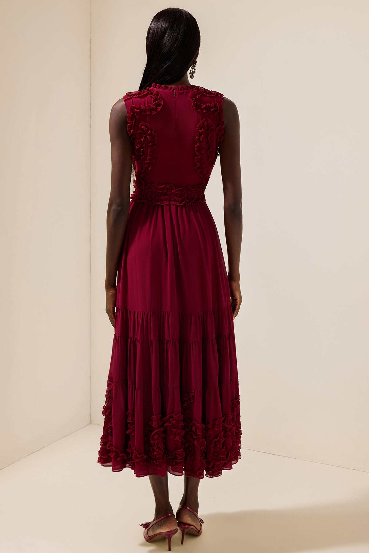 Chiffon Frill Sleeveless Midi Dress