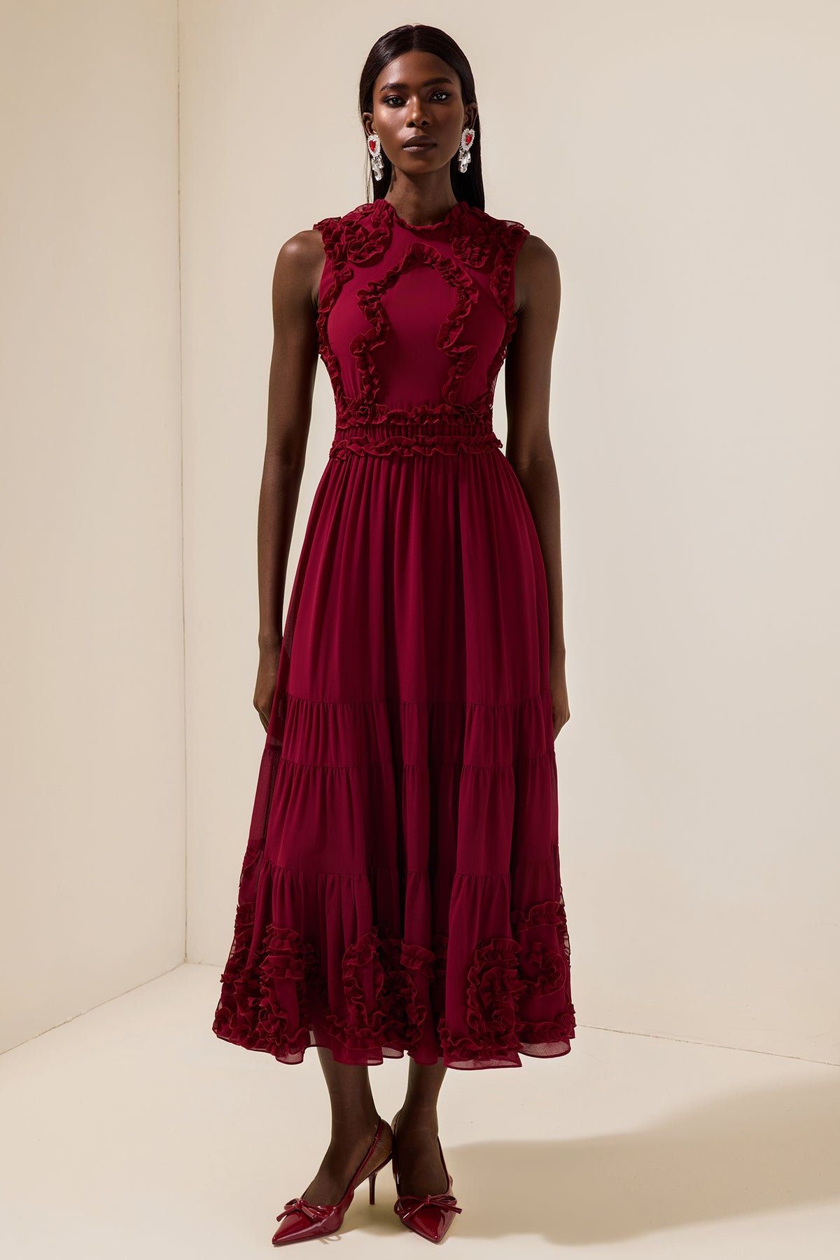Chiffon Frill Sleeveless Midi Dress