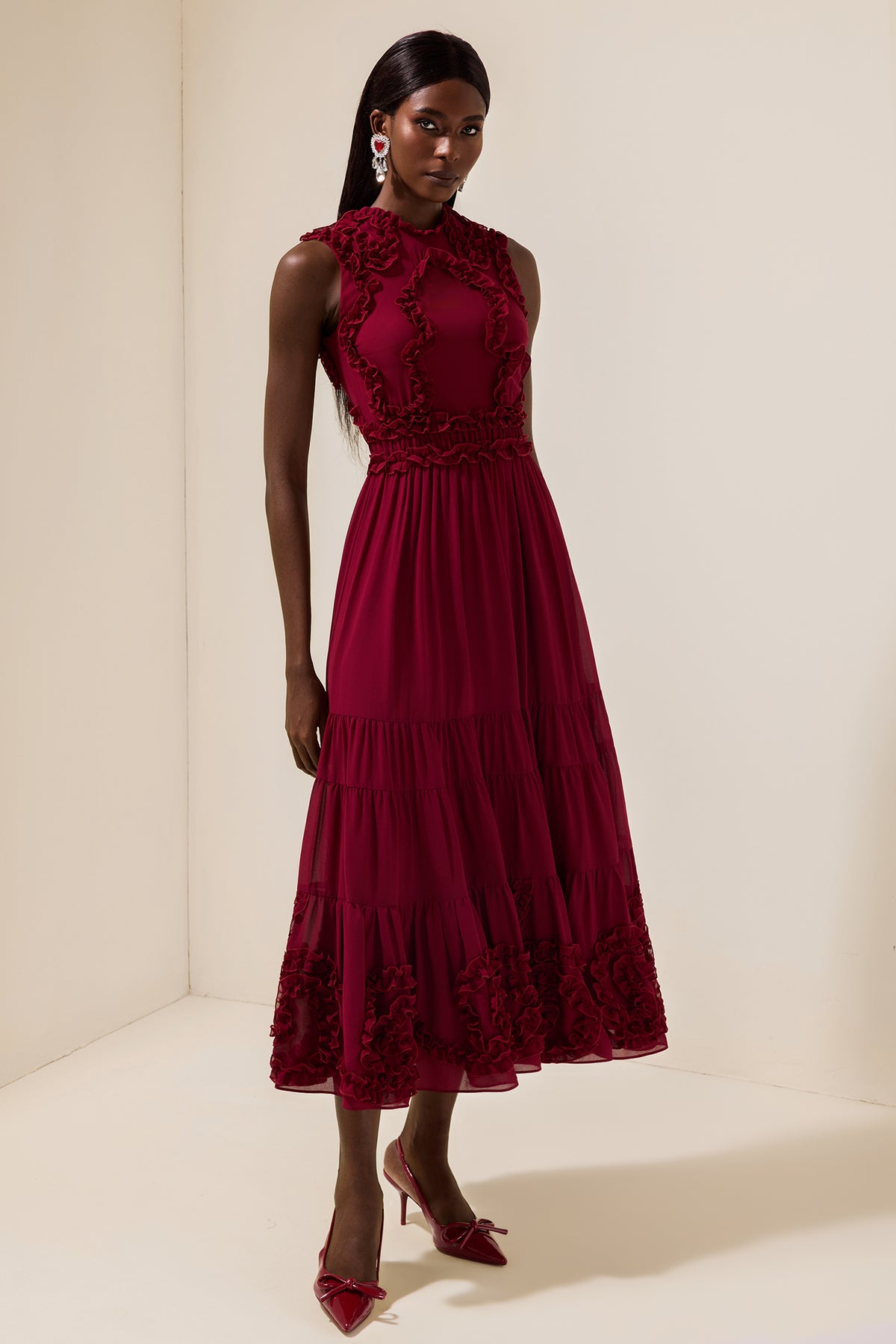 Chiffon Frill Sleeveless Midi Dress