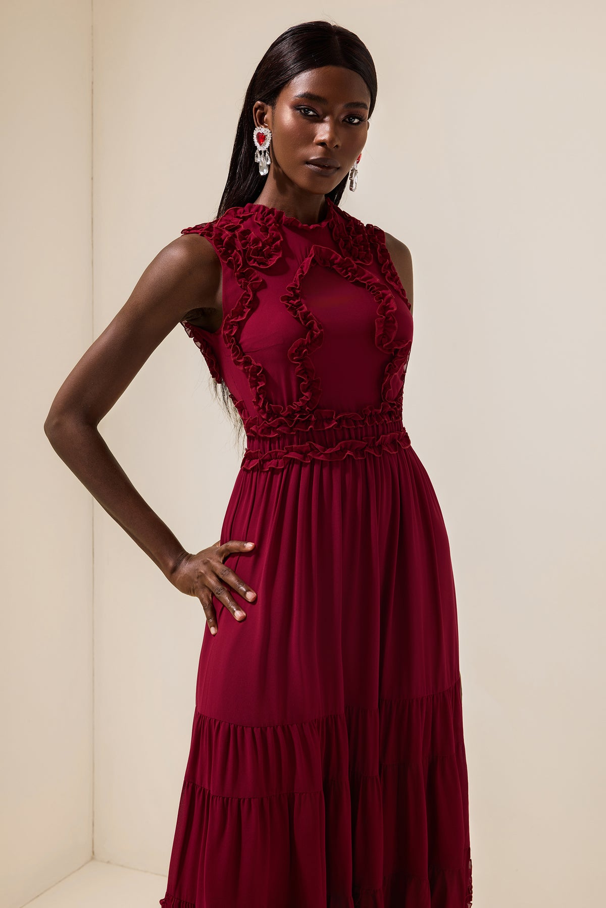 Chiffon Frill Sleeveless Midi Dress