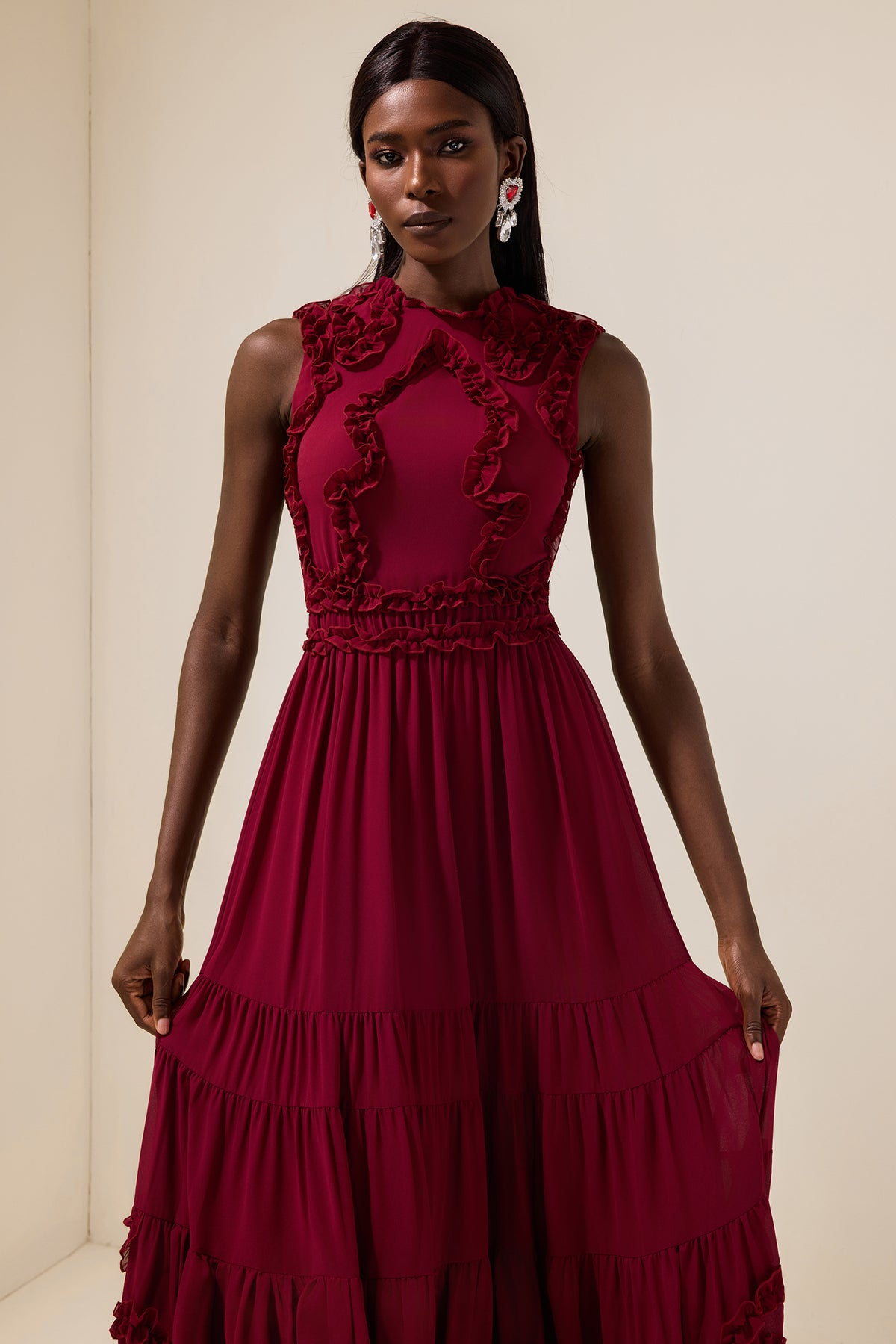 Chiffon Frill Sleeveless Midi Dress