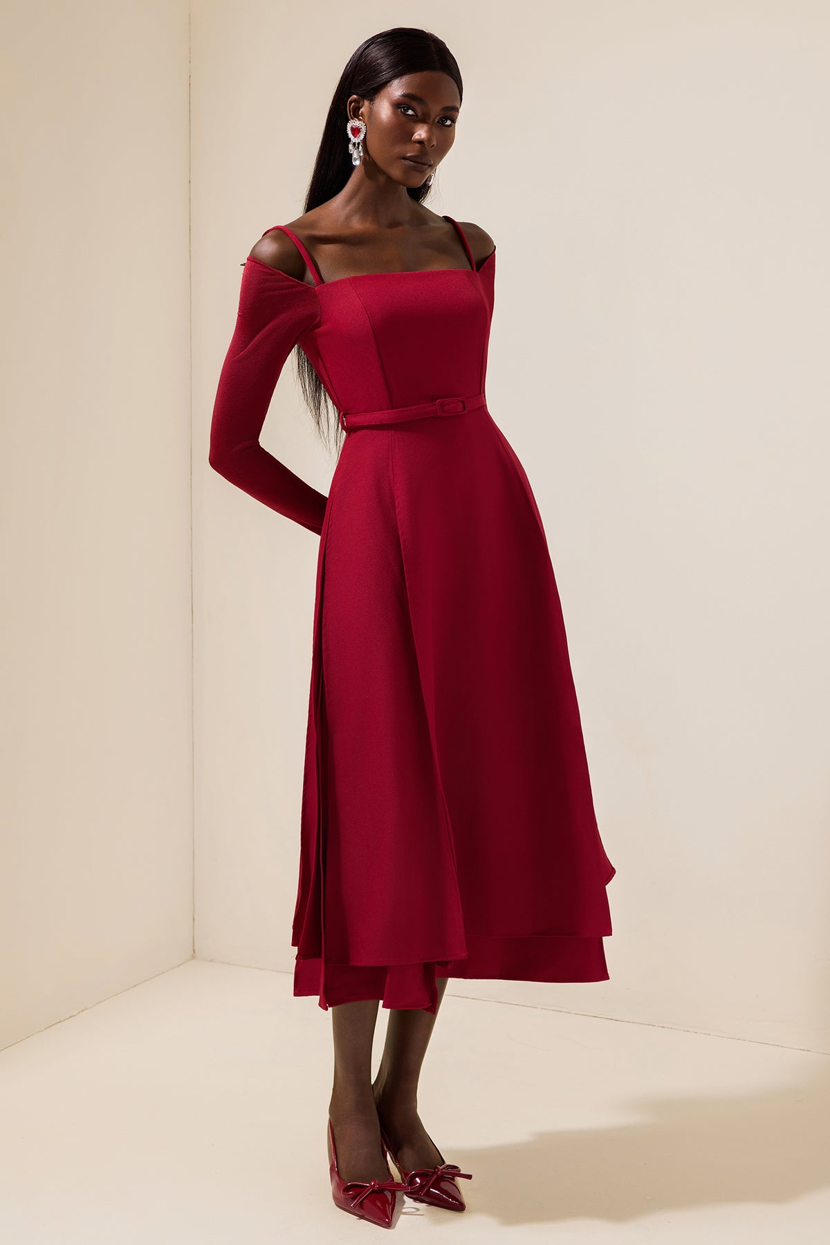 Solid Jersey Square Collar Slit Midi Dress With Belt