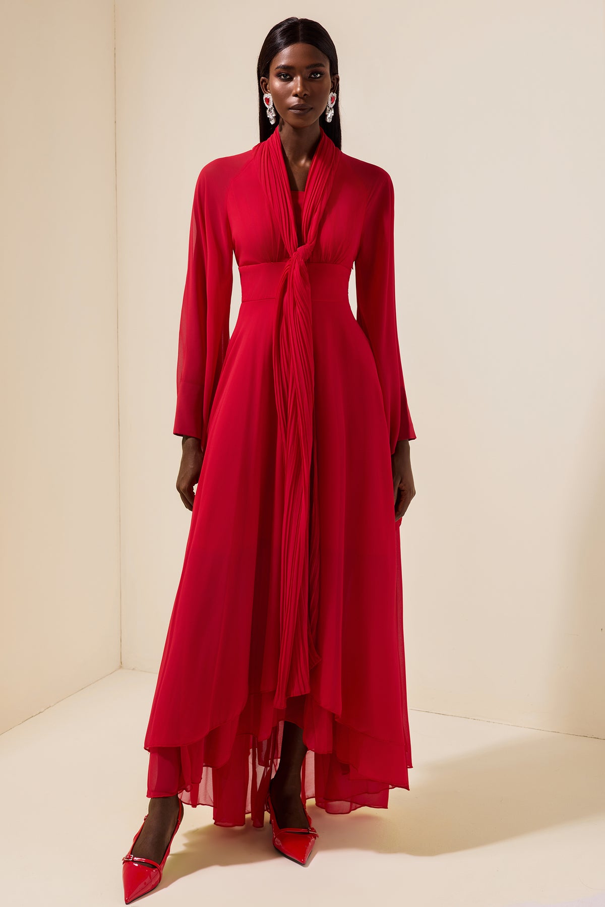 Solid Chiffon Gathering Long Sleeve Maxi Dress