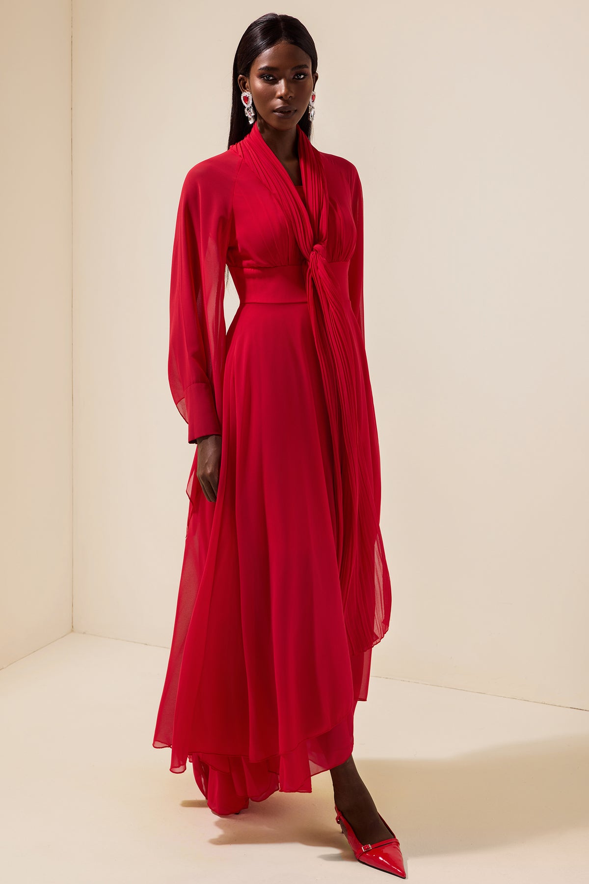 Solid Chiffon Gathering Long Sleeve Maxi Dress