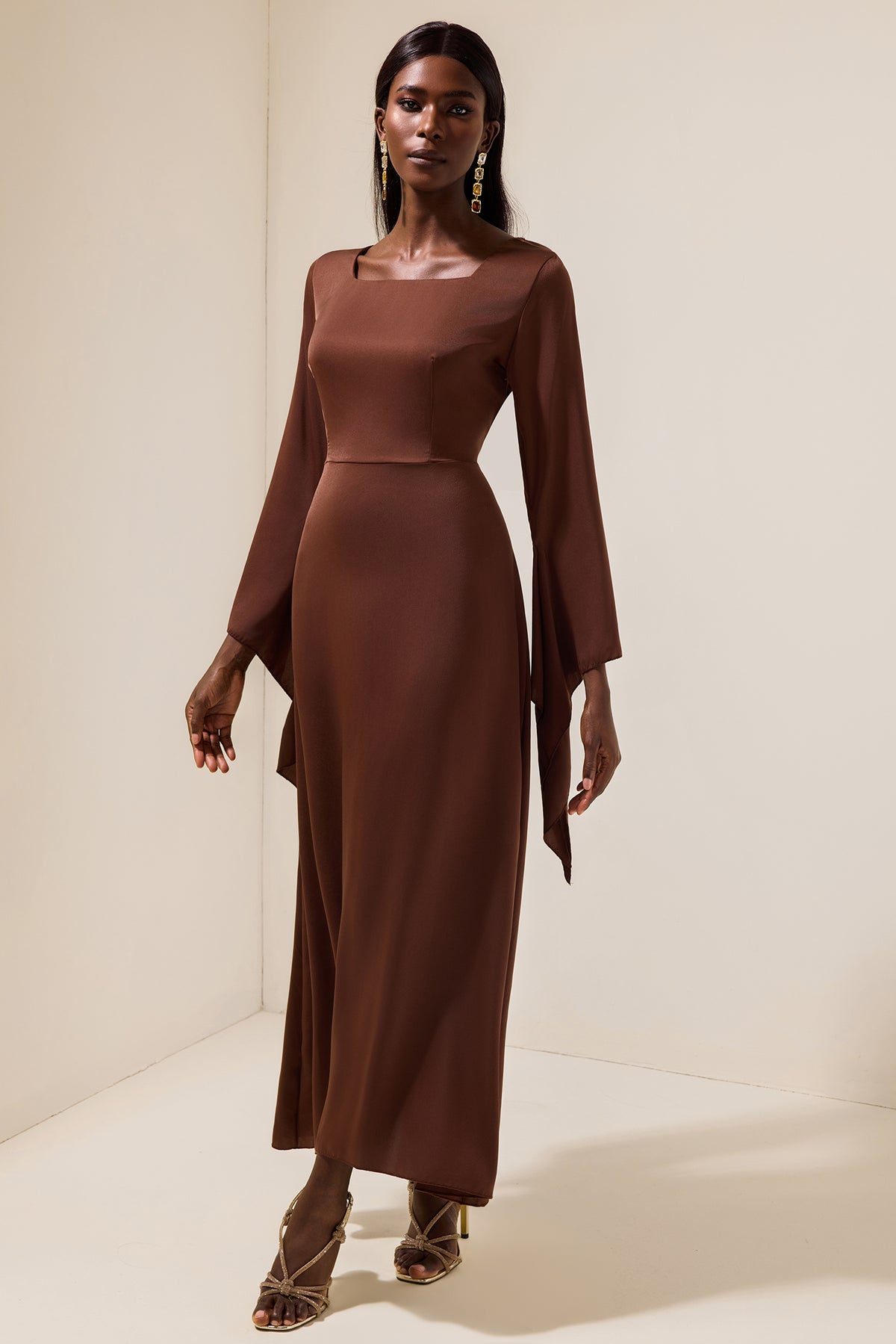 Satin Square Collar Tie-Up Slit Maxi Dress