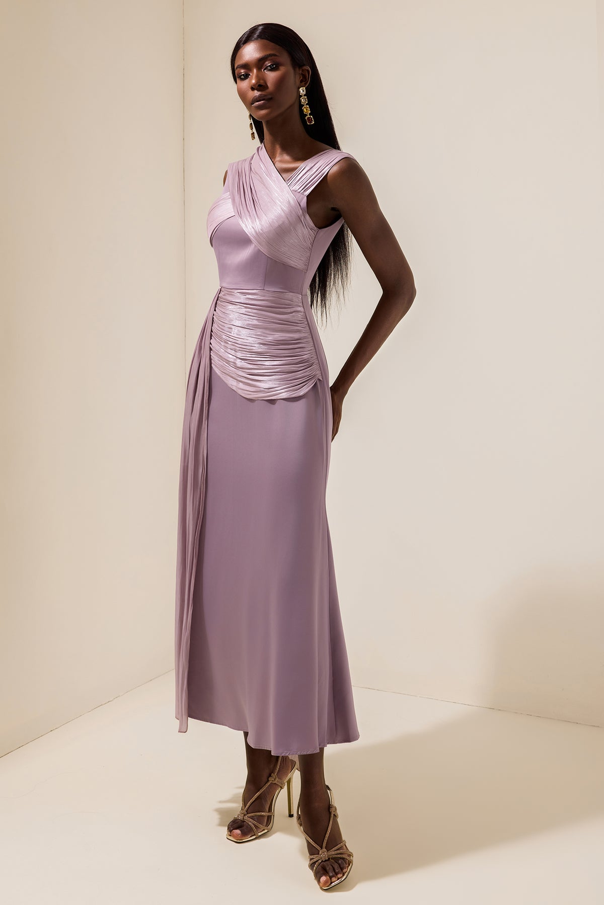 Satin Gathering Cape Sleeve Midi Dress