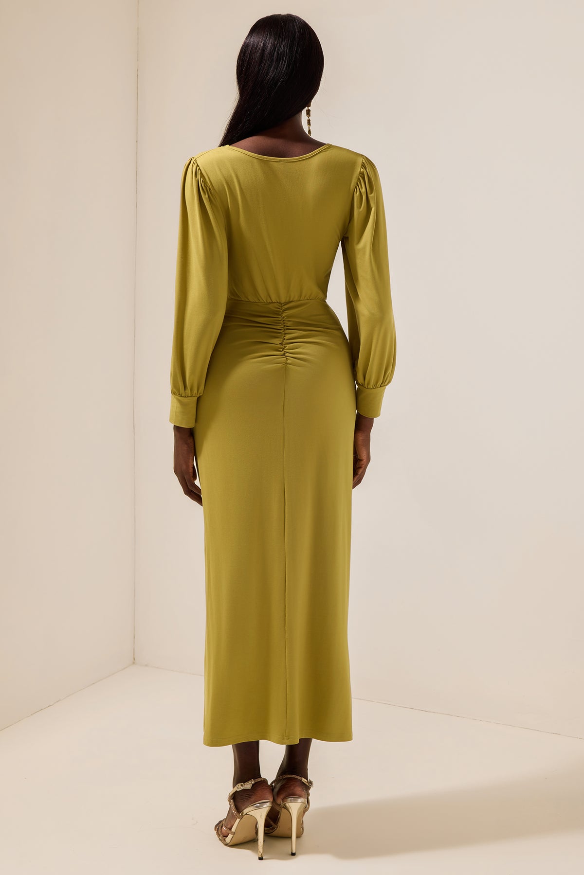 Solid Ruched V-Neck Midi Dress