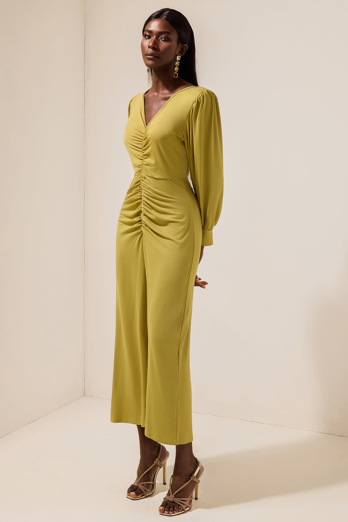 Solid Ruched V-Neck Midi Dress