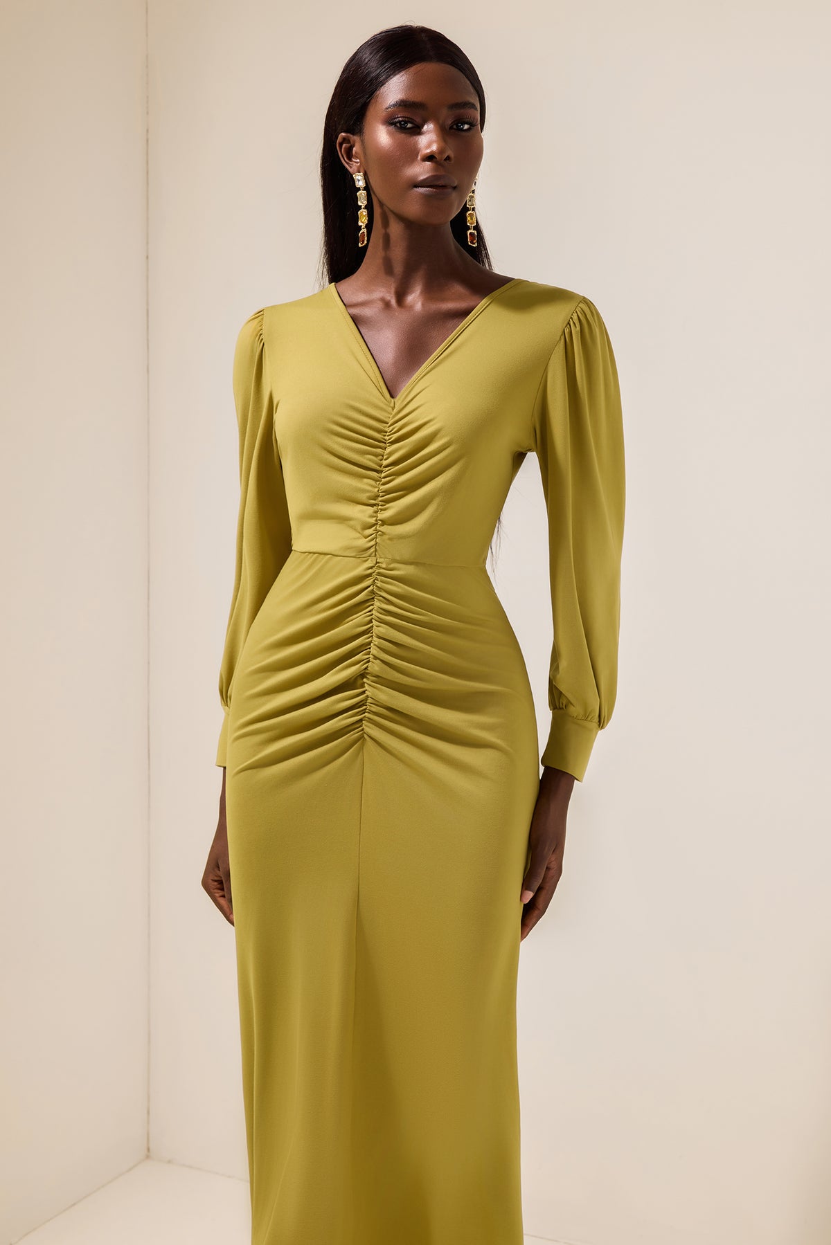 Solid Ruched V-Neck Midi Dress