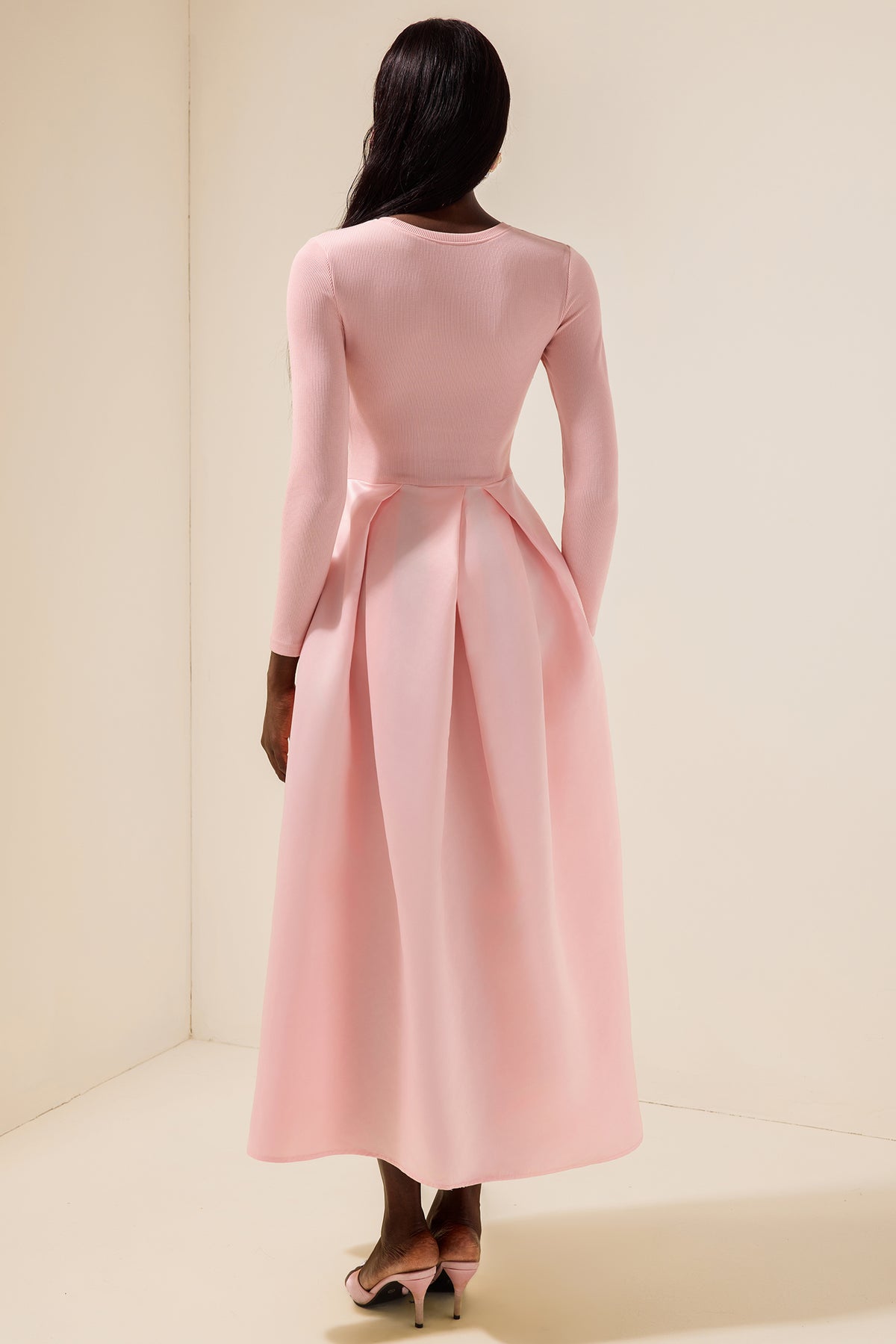 Jersey Splicing Satin Long Sleeve Midi Dress