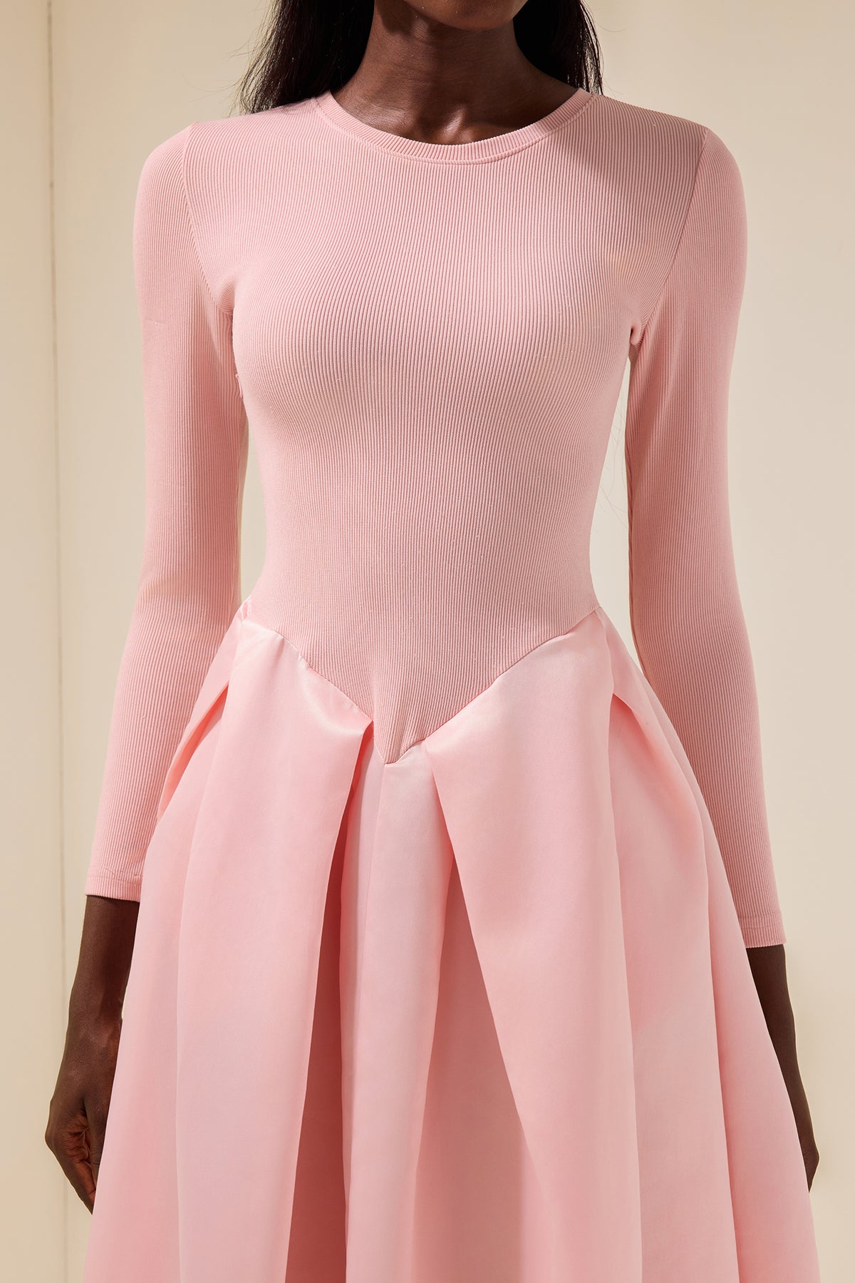 Jersey Splicing Satin Long Sleeve Midi Dress