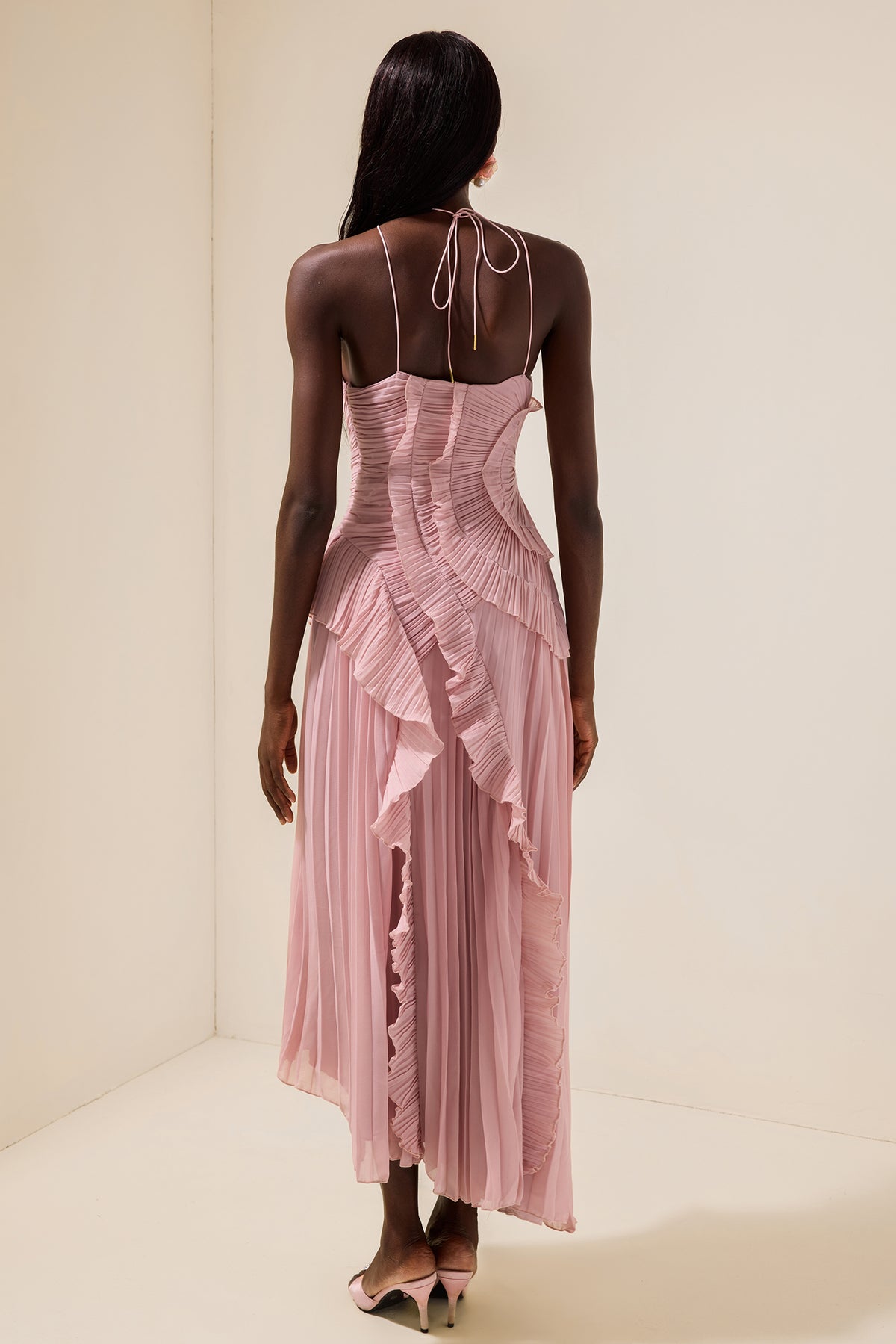 Pleated Frill Halter Neck Midi Dress