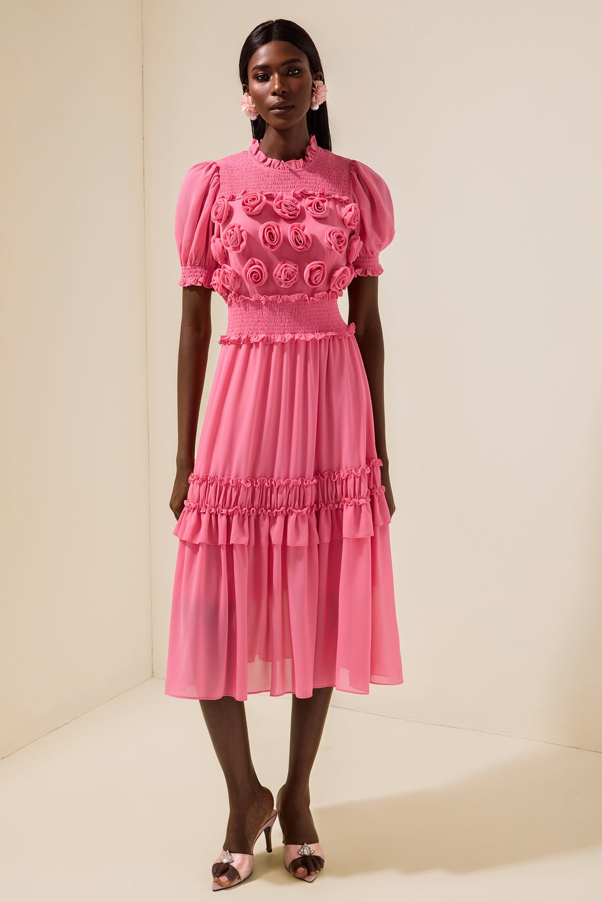 Chiffon 3D Flower Smocking Frill Midi Dress