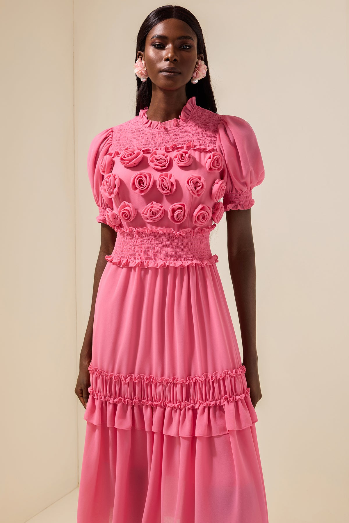 Chiffon 3D Flower Smocking Frill Midi Dress