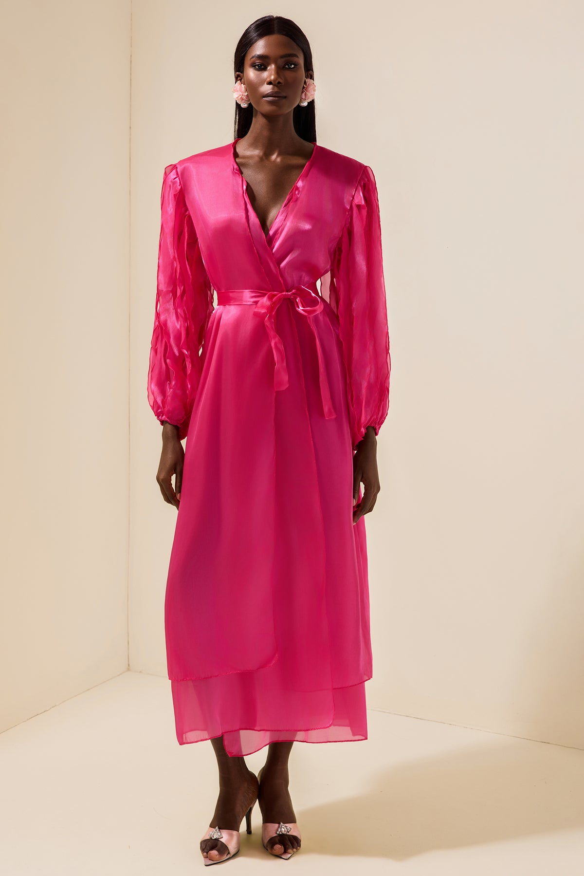 Satin Bow Frill Wrap Midi Dress