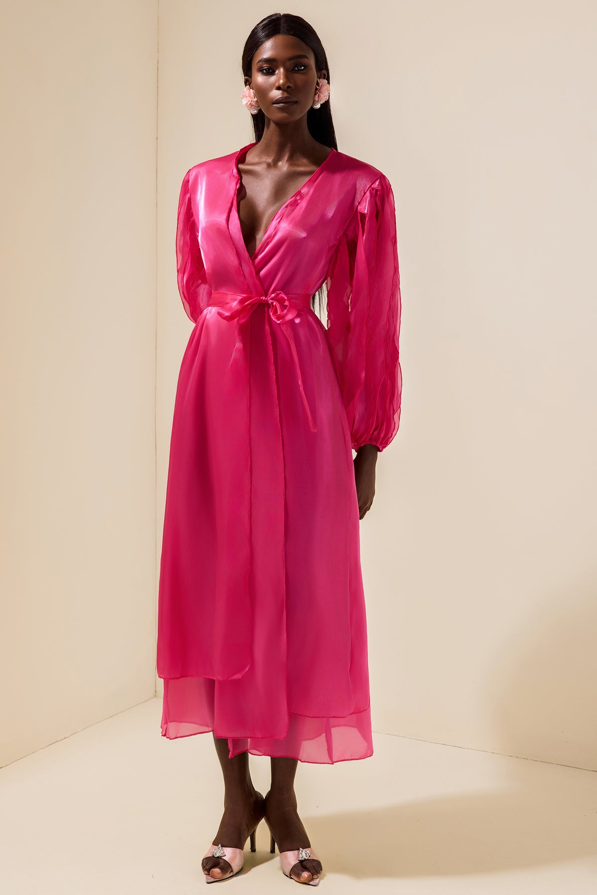 Satin Bow Frill Wrap Midi Dress