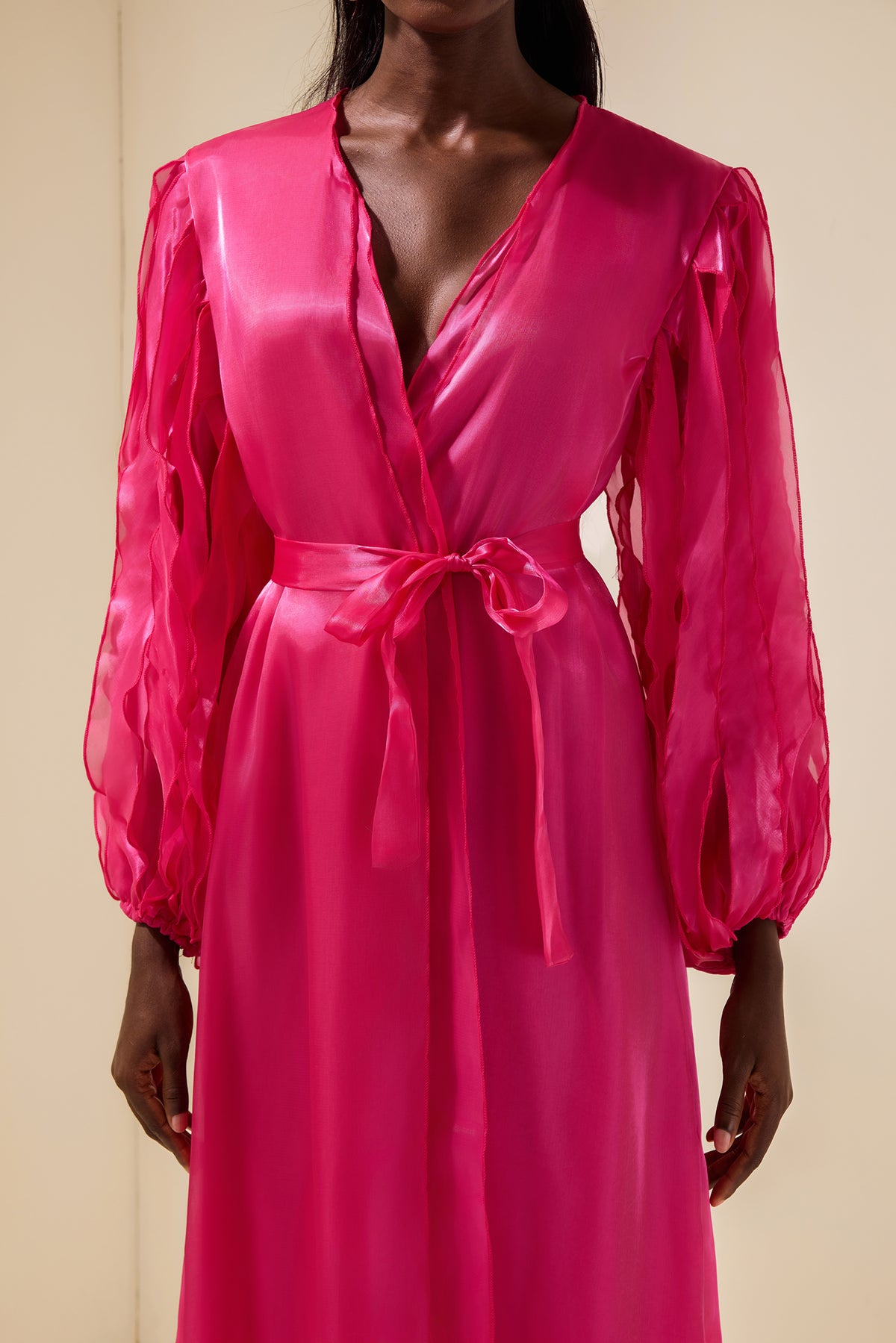 Satin Bow Frill Wrap Midi Dress