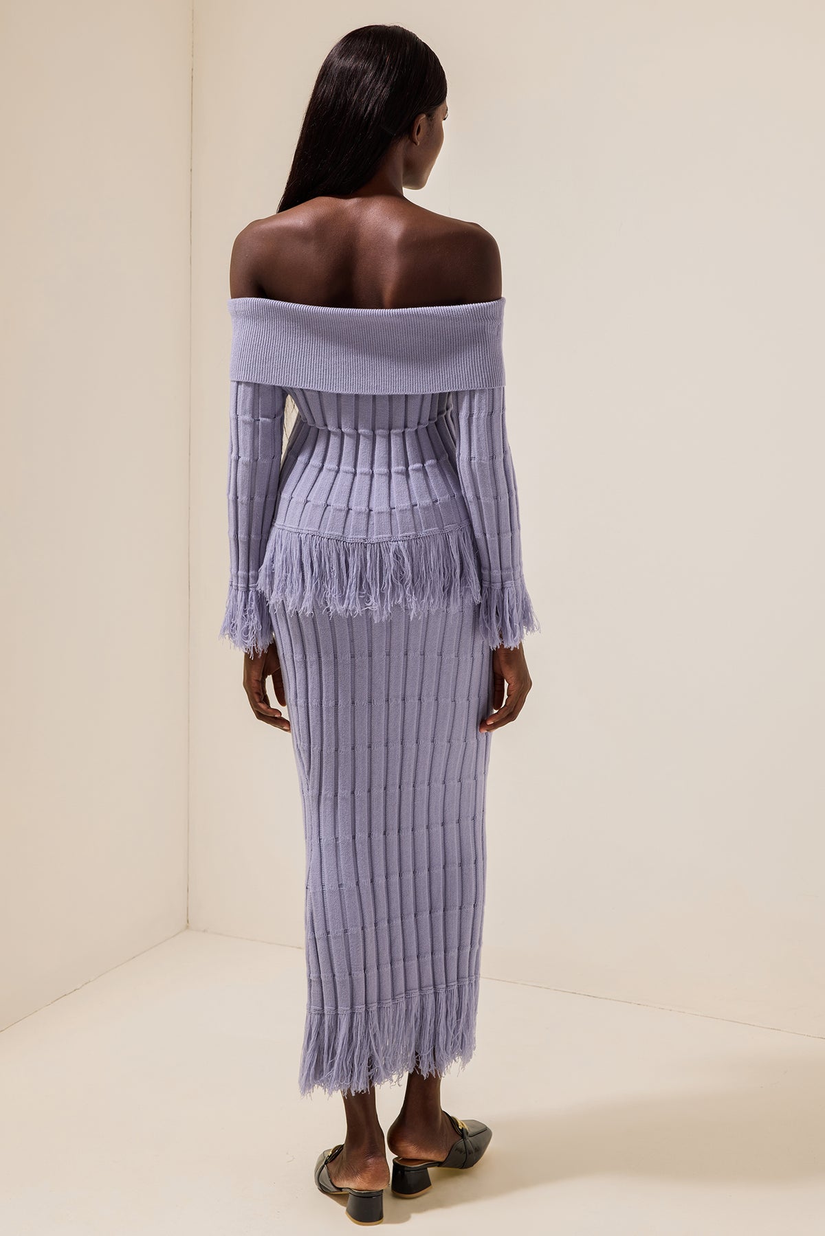Jersey Off-Shoulder Long Sleeve Top & Tassel High Waist Midi Skirt Set