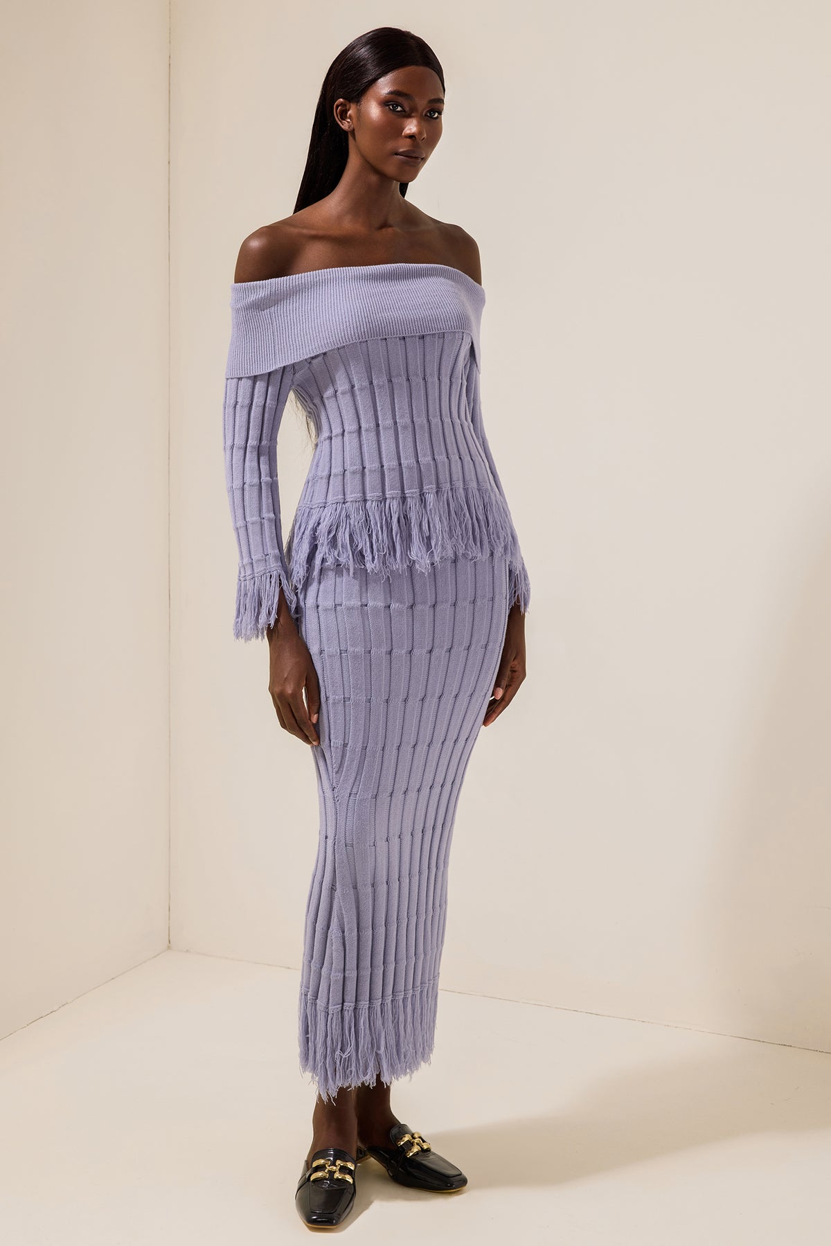 Jersey Off-Shoulder Long Sleeve Top & Tassel High Waist Midi Skirt Set