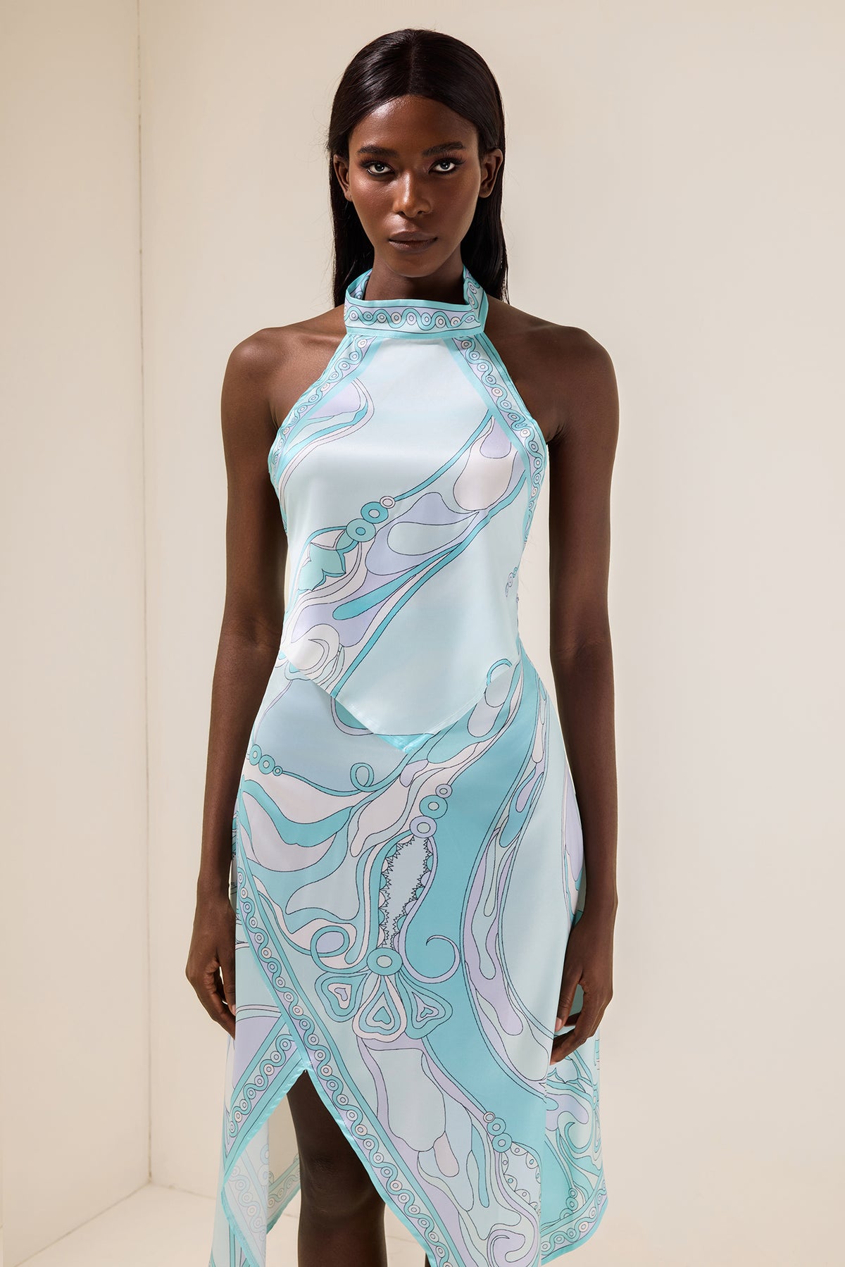 Satin Halter Neck Mini Top & Scarf Print Mid Waist Midi Skirt Set