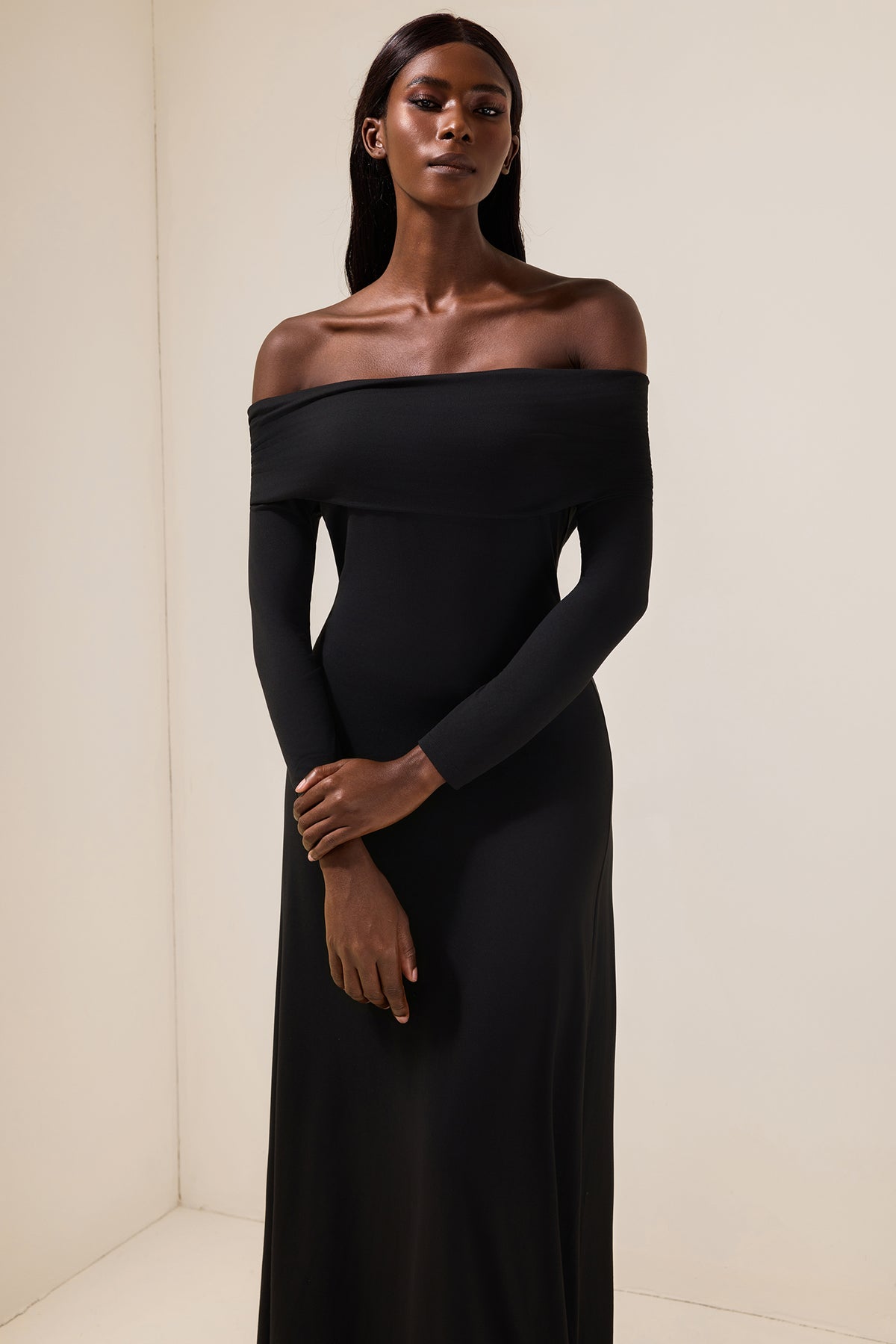 Jersey Solid Off-Shoulder Maxi Dress