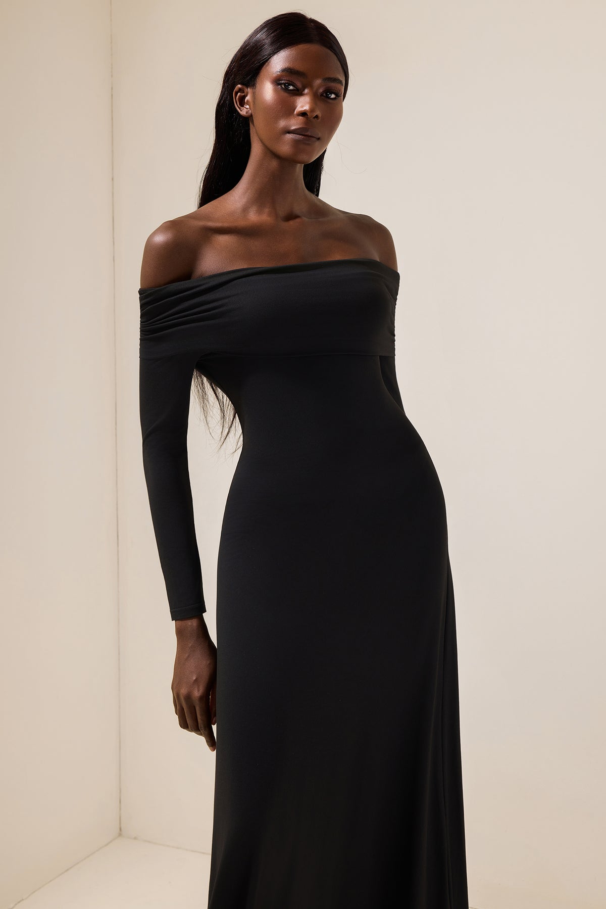Jersey Solid Off-Shoulder Maxi Dress