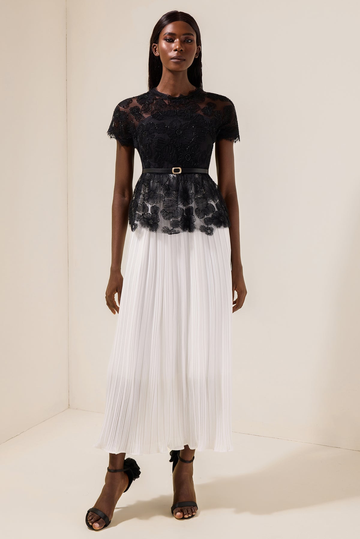 Lace Splicing Pleated Midi Dress With Belt