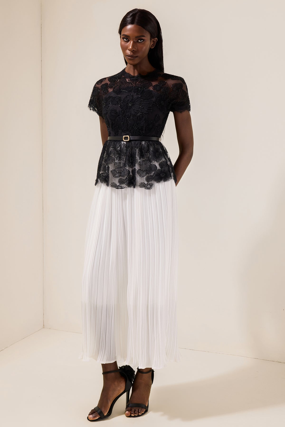 Lace Splicing Pleated Midi Dress With Belt