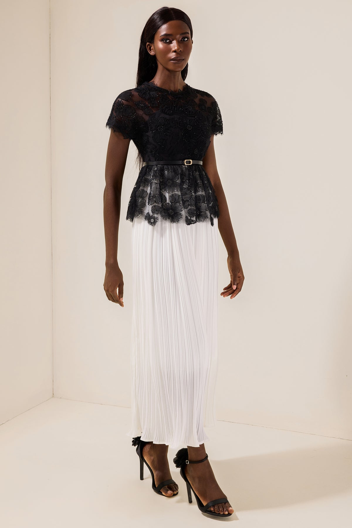 Lace Splicing Pleated Midi Dress With Belt