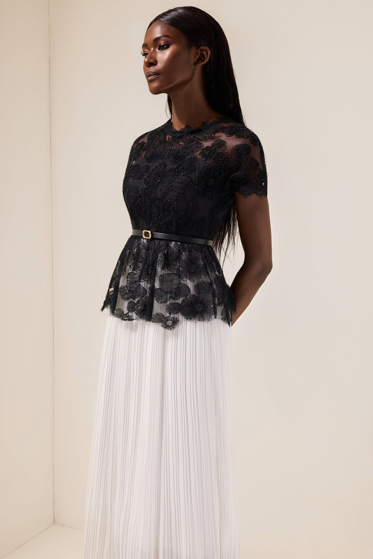Lace Splicing Pleated Midi Dress With Belt