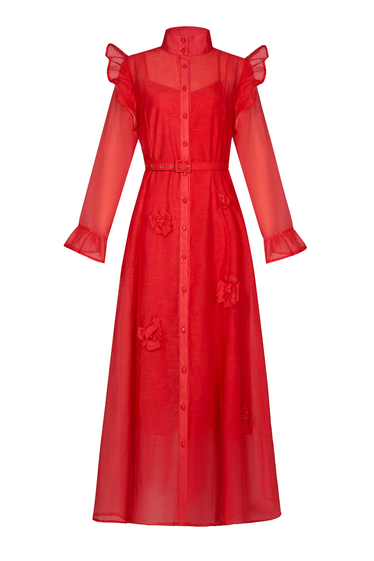 Solid 3D Floral Frill Midi Dress