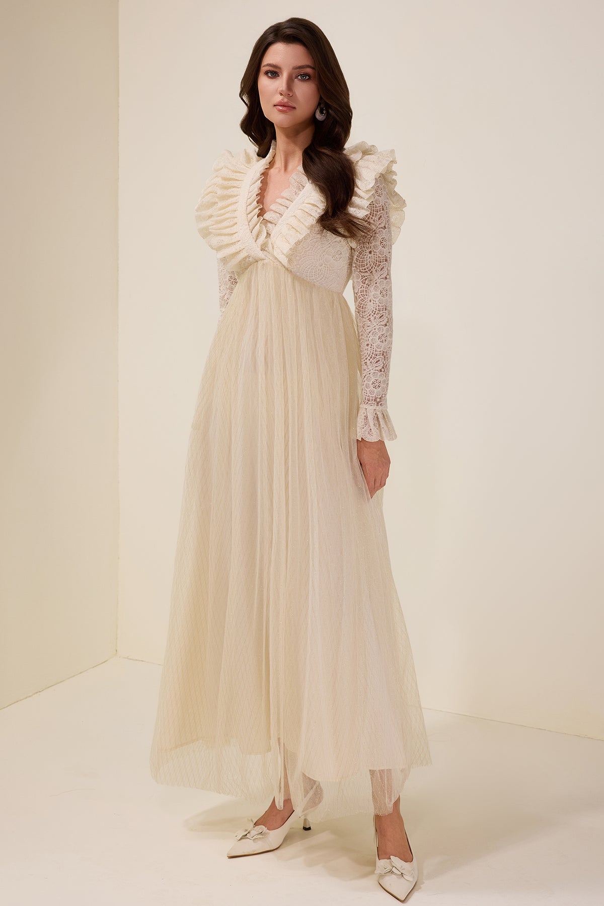 Lace Ruffle V-Neck Maxi Dress