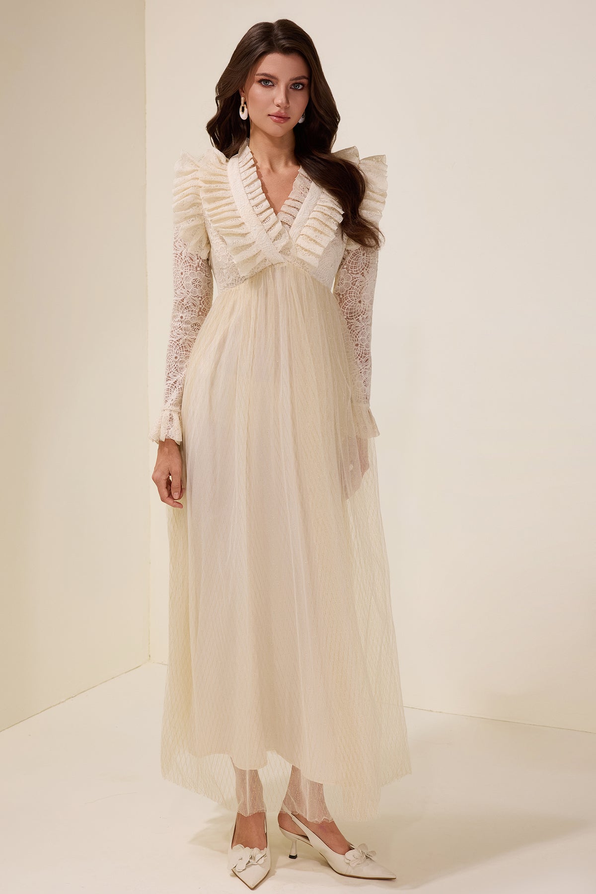 Lace Ruffle V-Neck Maxi Dress