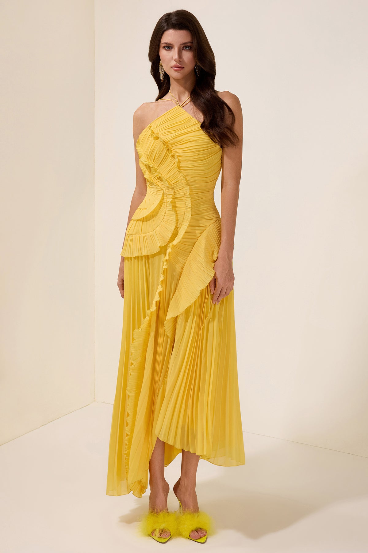 Pleated Frill Halter Neck Midi Dress