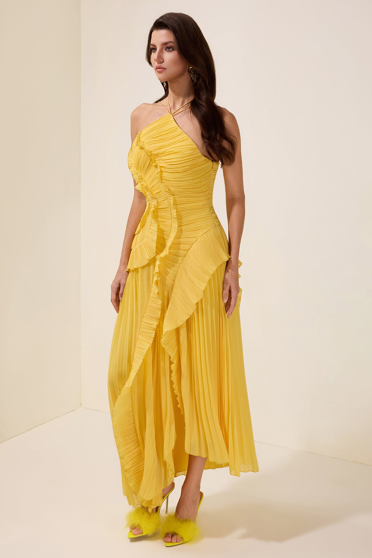 Pleated Frill Halter Neck Midi Dress