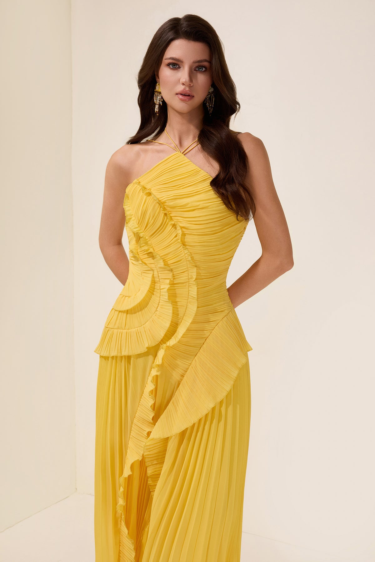 Pleated Frill Halter Neck Midi Dress