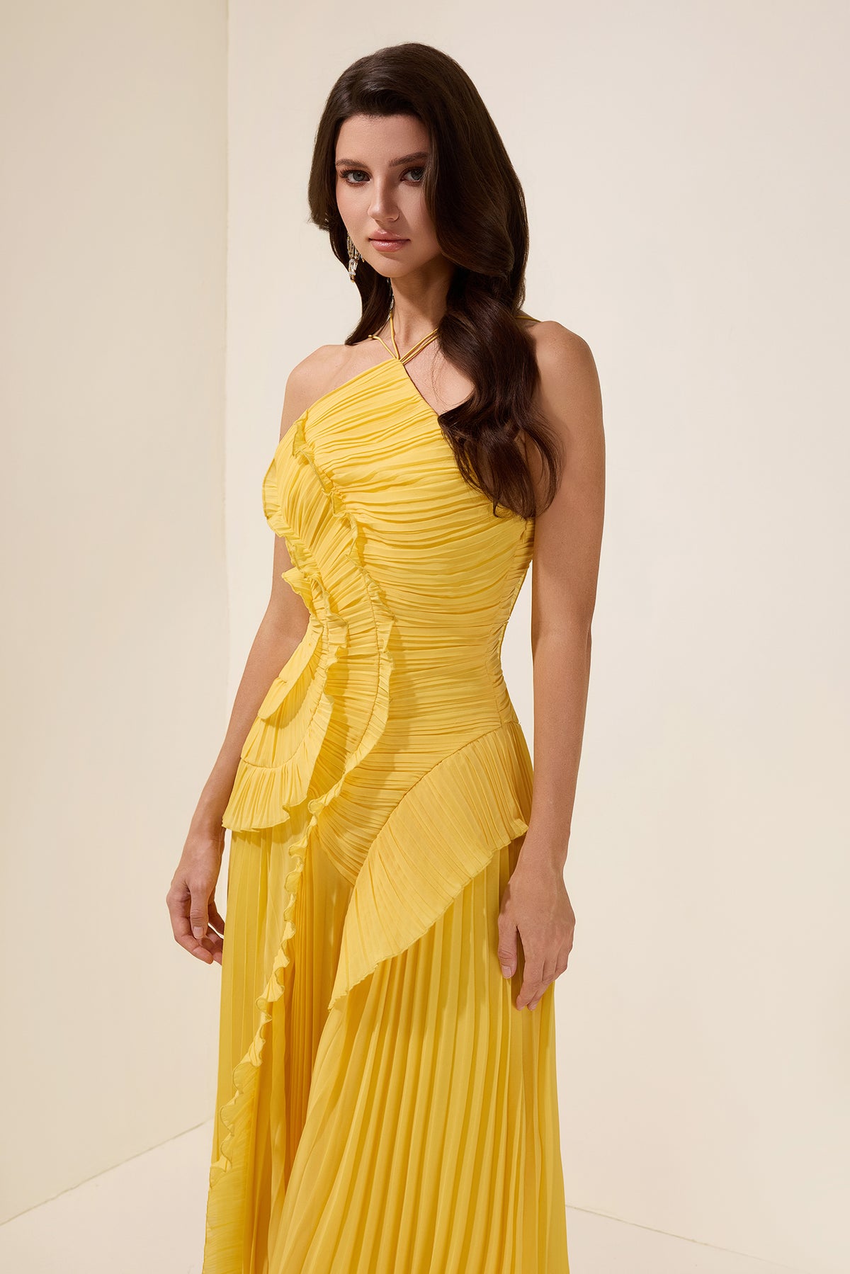 Pleated Frill Halter Neck Midi Dress